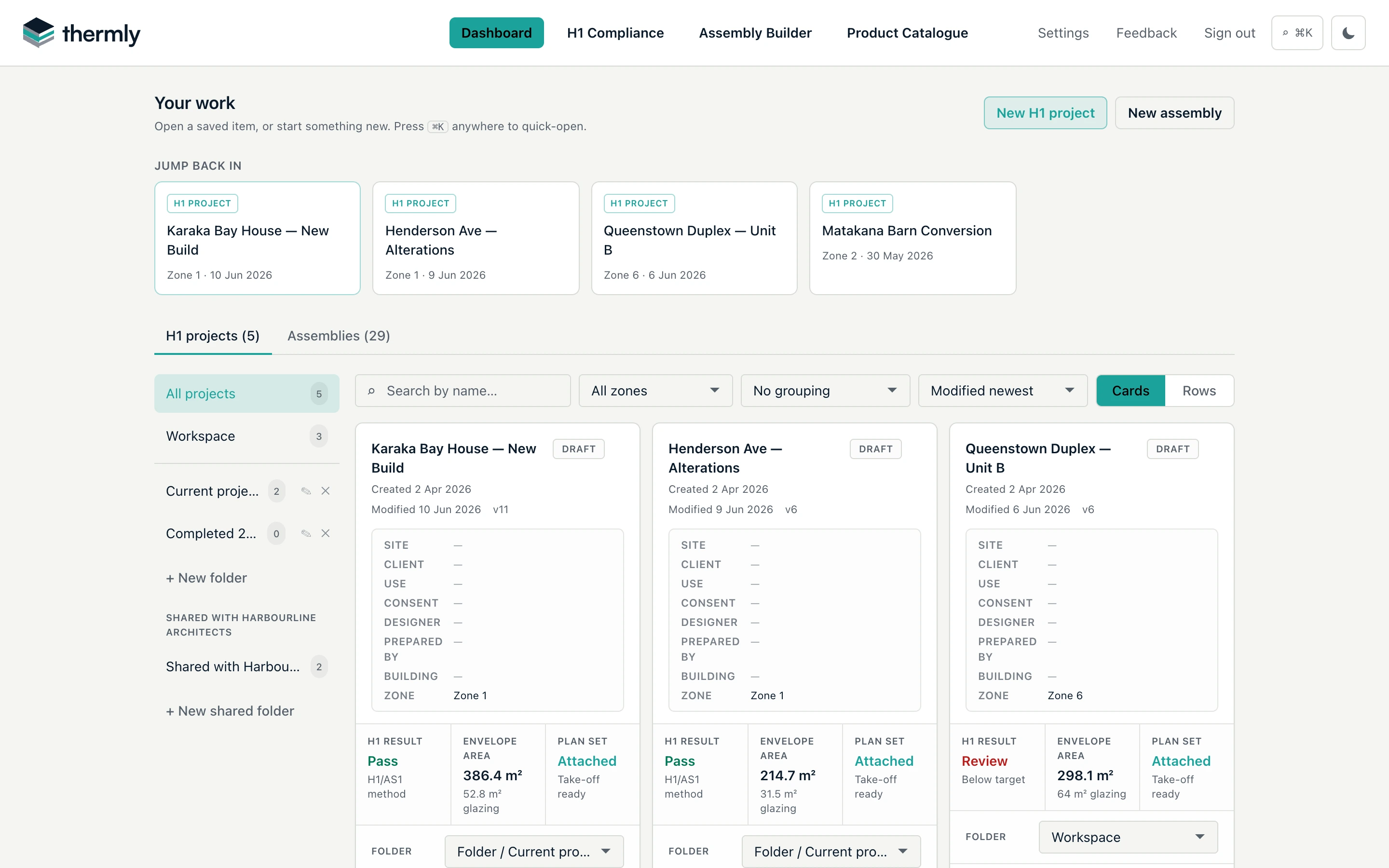 The Dashboard: recent projects, personal folders, and organisation-shared folders.