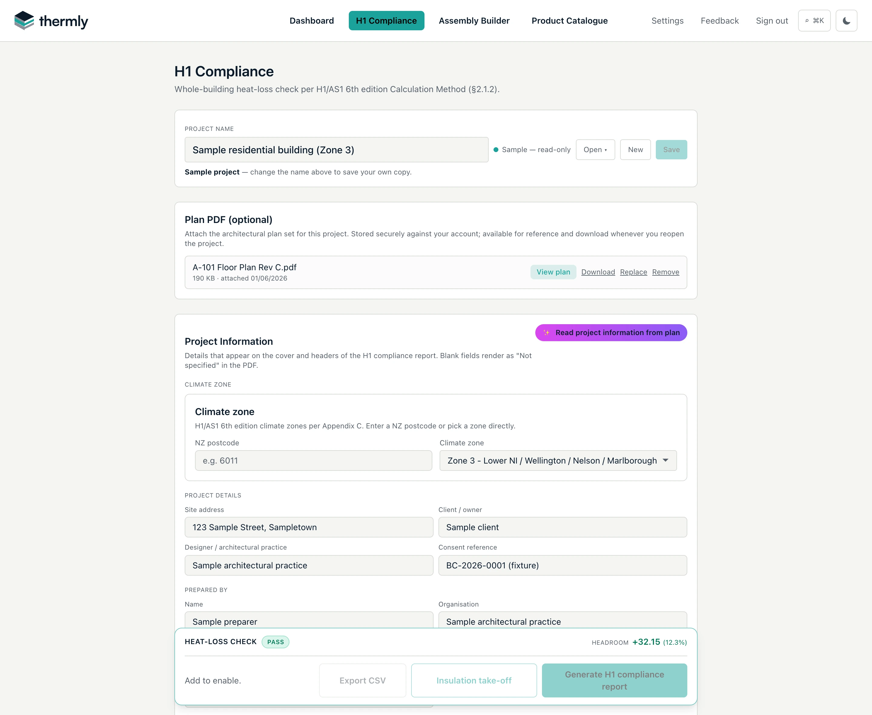 The H1 Compliance page, with a passing heat-loss check.